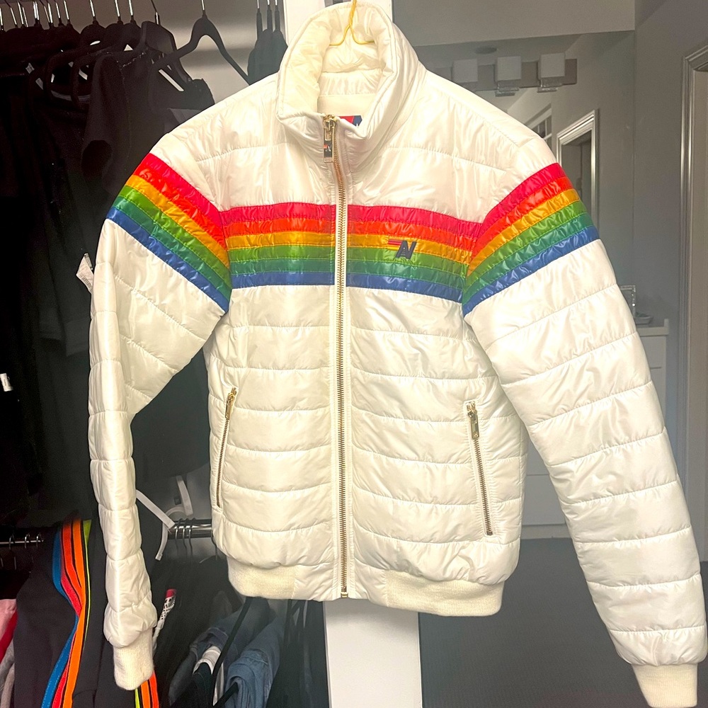 Aviator nation- XSMALL stripe rainbow sleeve jacket in glossy white LIKE NEW!